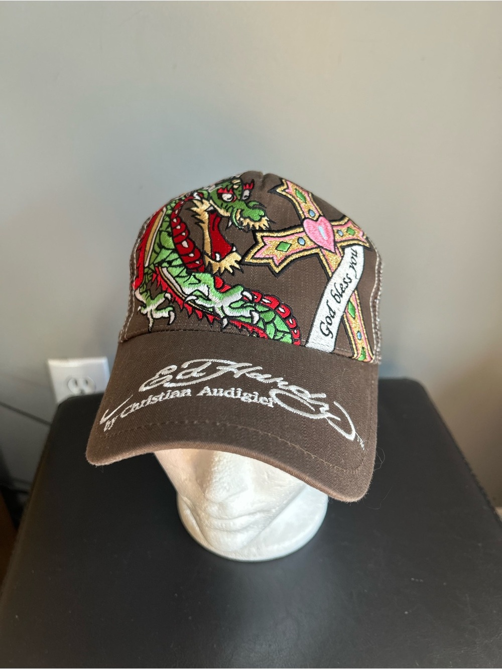 Ed Hardy Brown Dragon & Cross Embroidered Cap